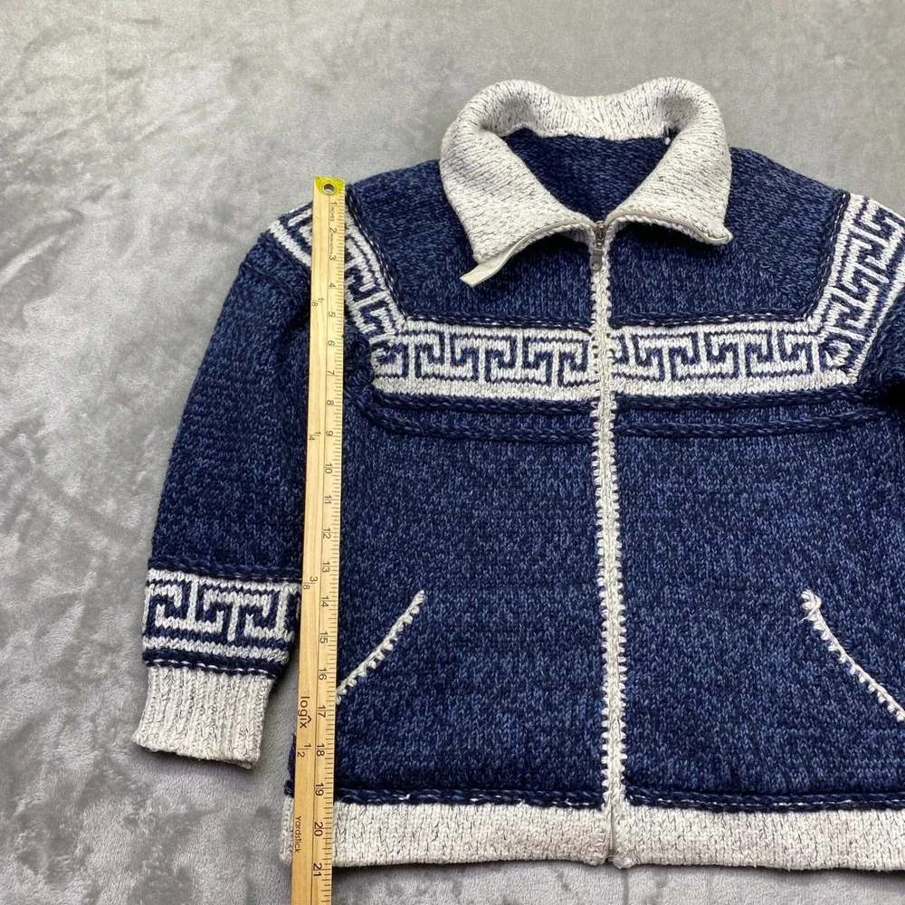 Vintage‎ Portugal Wool Blend Full Zip Greek Key Cardigan Sweater Blue White